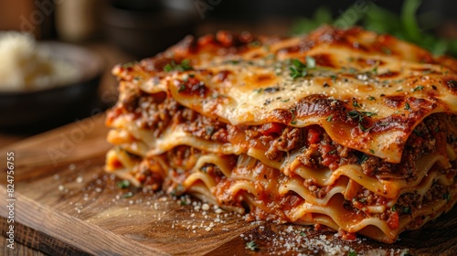 Baked lasagna with layers of pasta, cheese, and meat sauce, garnished with fresh herbs