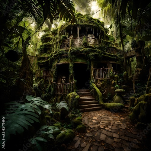 a holloween event in a jungle in house coverd with grenery. photo