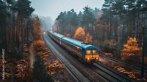 A scenic view of a blue passenger train traveling through a beautiful autumn forest