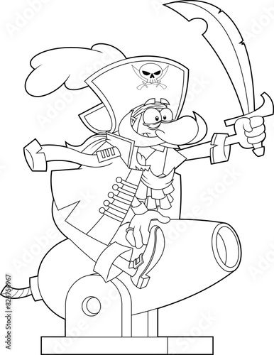Outlined Funny Pirate Cartoon Character Brandishing Sword Sitting On Cannon. Vector Hand Drawn Illustration Isolated On Transparent Background