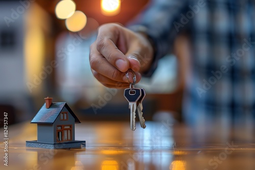 The real estate agent handed over the keys and a miniature house on table