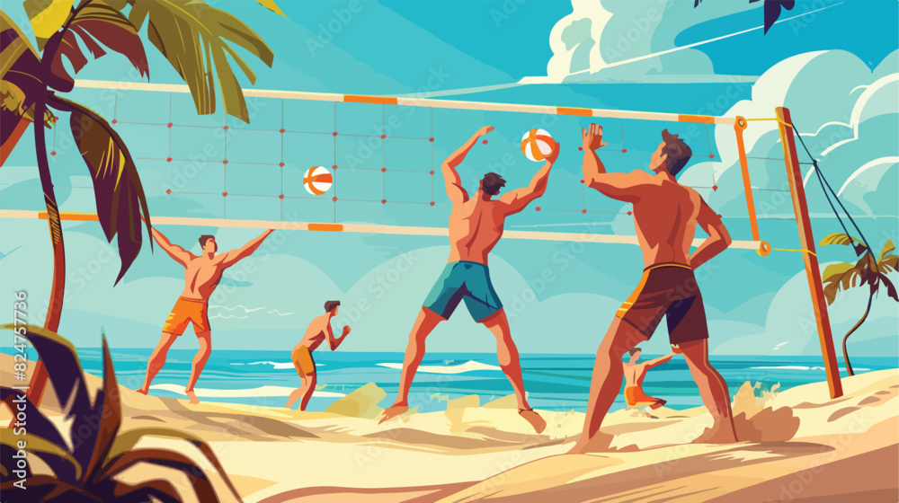 People play beach voleyball. Man win game Cartoon vector