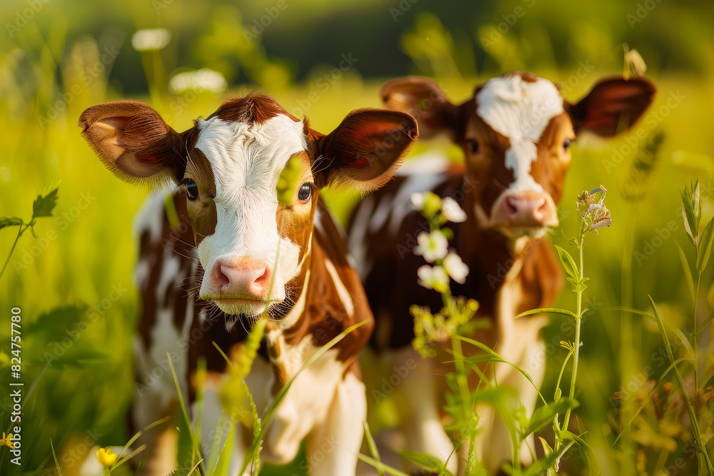 A pair of cute calves standing on a beautiful meadow.