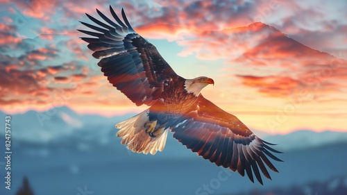 Majestic eagle soaring through vibrant sunset sky with mountain range in background, symbolizing freedom and strength. © NEW