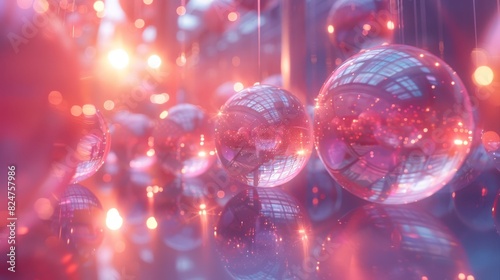 Ethereal scene with glass spheres and bokeh of red lights creating a dreamy, festive ambiance