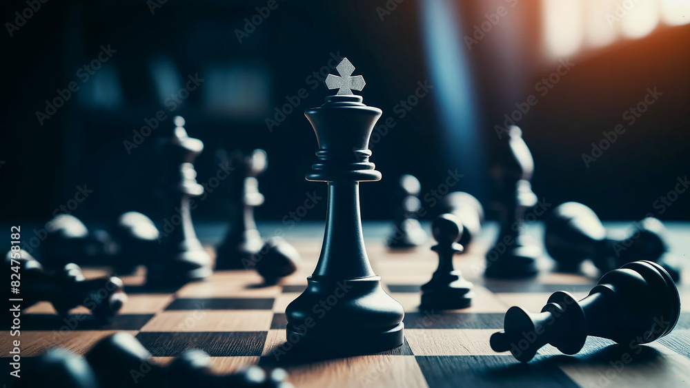 king chess piece standing victorious on a chessboard, with fallen pieces scattered around it. king chess piece standing victorious on a chessboard, with fallen pieces scattered around it.