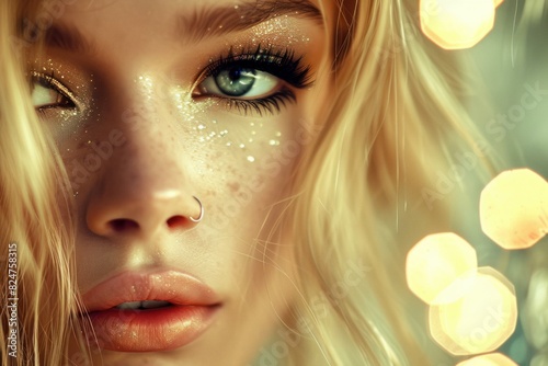 Close-up portrait of a young adult female with enchanting green eyes adorned with sparkling glitter makeup, creating a radiant and alluring beauty © anatolir