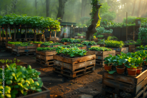 A community garden project utilizing reclaimed wood pallets for raised garden beds, showcasing urban gardening.The garden is abundant with numerous potted plants inside wooden containers © ivlianna