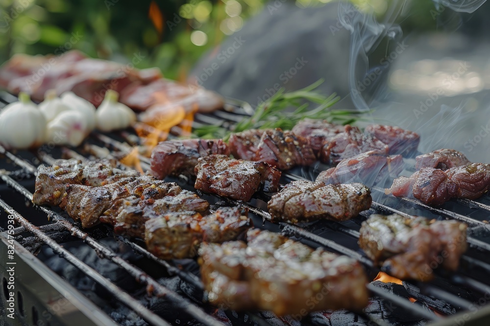 Grilling Feast: A mouthwatering spread of barbecue meats sizzling on the grill, creating a delicious dinner spread