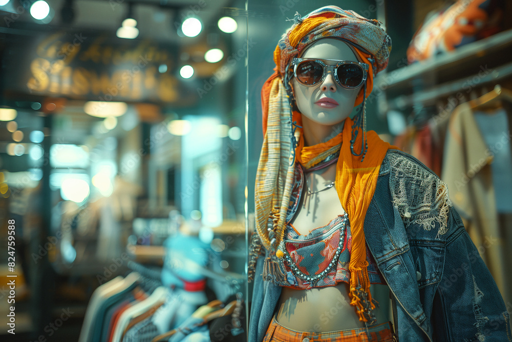 A sustainable fashion runway showcasing designs made from organic cotton, hemp, and bamboo fibers.A woman in sunglasses and a scarf stands in front of a store window A sustainable fashion runway showcasing designs made from organic cotton, hemp, and bamboo fibers.A woman in sunglasses and a scarf stands in front of a store window