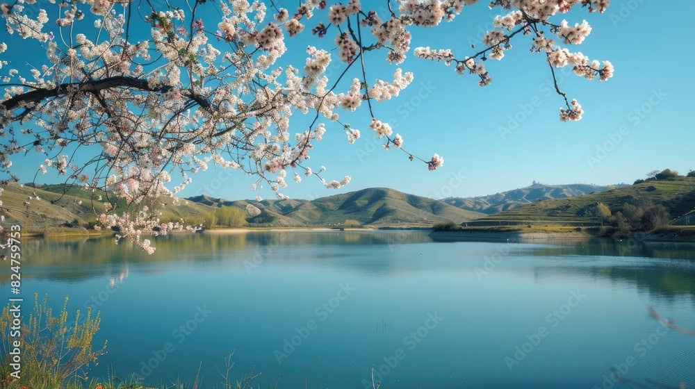 Scenic Lake Surrounded by Hills Clear Blue Sky Spring Blossoms of Almond Trees Scenic Lake Surrounded by Hills Clear Blue Sky Spring Blossoms of Almond Trees