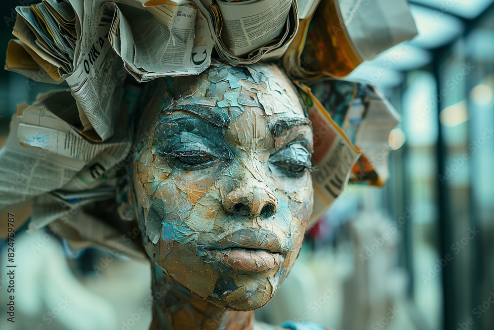 An artist using discarded newspapers to create papier-mâché sculptures, promoting creative reuse.A sculpture of a woman wearing newspapers as a headpiece stands tall An artist using discarded newspapers to create papier-mâché sculptures, promoting creative reuse.A sculpture of a woman wearing newspapers as a headpiece stands tall