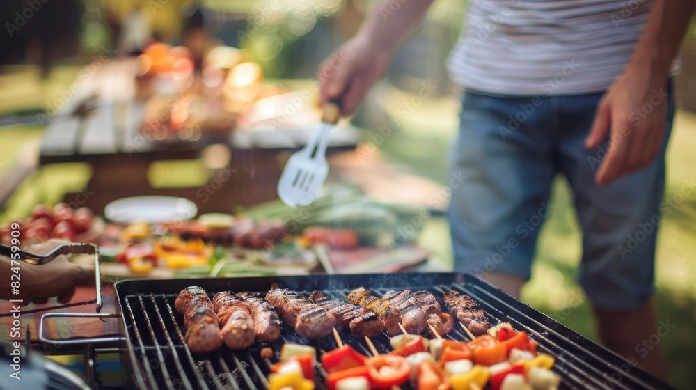 Naklejka premium Grilling Feast: A mouthwatering spread of barbecue meats sizzling on the grill, creating a delicious dinner spread