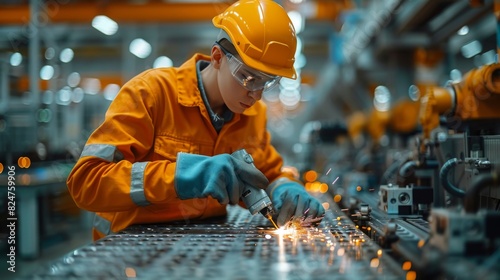Skilled worker in protective gear is welding metal parts with visible sparks in industrial surroundings