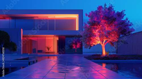 A minimalist house with a facade featuring dynamic, color-changing lights, the hues vivid and intense 
