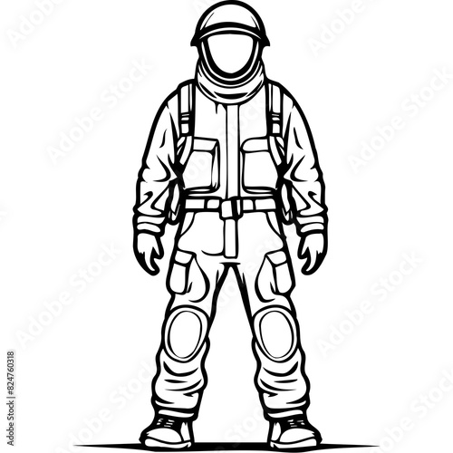 Black and white outline of a full-body protective suit icon, showcasing detailed pockets and padding. photo