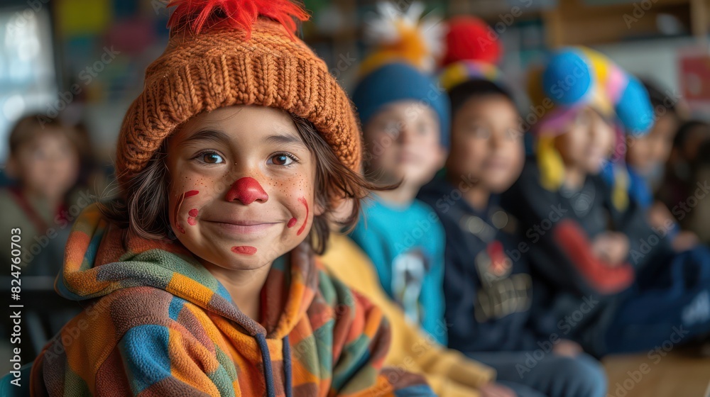 A group of third grade students are sitting in a classroom. And one of them was dressed as a cute clown. A group of third grade students are sitting in a classroom. And one of them was dressed as a cute clown.