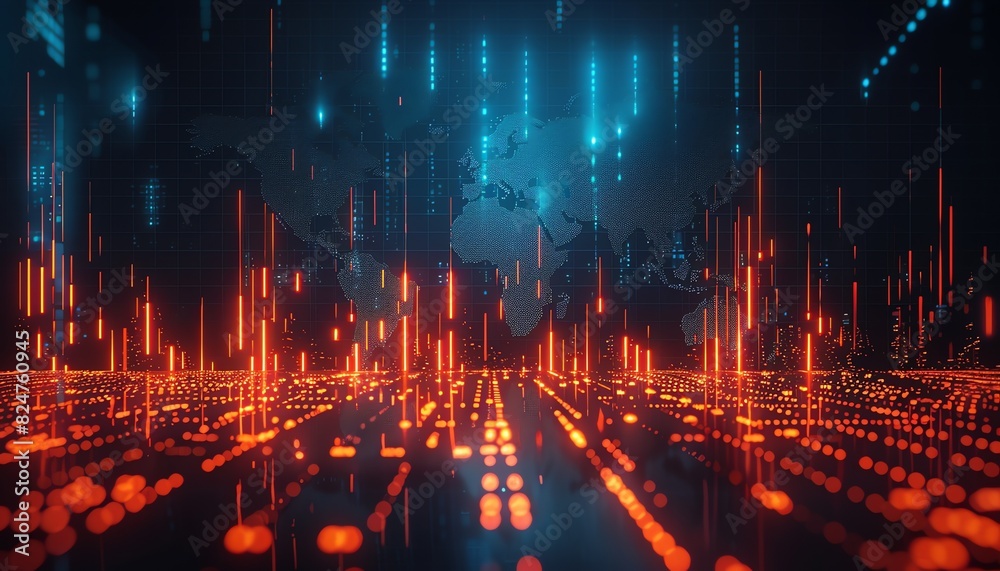 A digital visualization of a global data network featuring financial ...