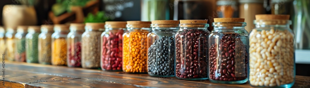 Assorted beans in glass jars, lined up on a counter, warm lighting, closeup, rustic market setting Assorted beans in glass jars, lined up on a counter, warm lighting, closeup, rustic market setting