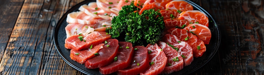 Assorted thinly sliced beef and pork arranged in a circular pattern on a black plate, wooden table backdrop Assorted thinly sliced beef and pork arranged in a circular pattern on a black plate, wooden table backdrop