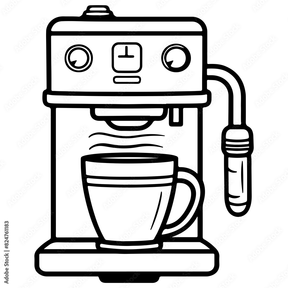 Black and white line drawing of a coffee machine with a cup, perfect for kitchen-themed projects and illustrations. Black and white line drawing of a coffee machine with a cup, perfect for kitchen-themed projects and illustrations.