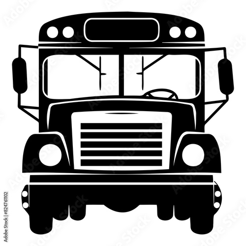 Black and white silhouette of a school bus front view, showcasing the vehicle's characteristic design and structure.