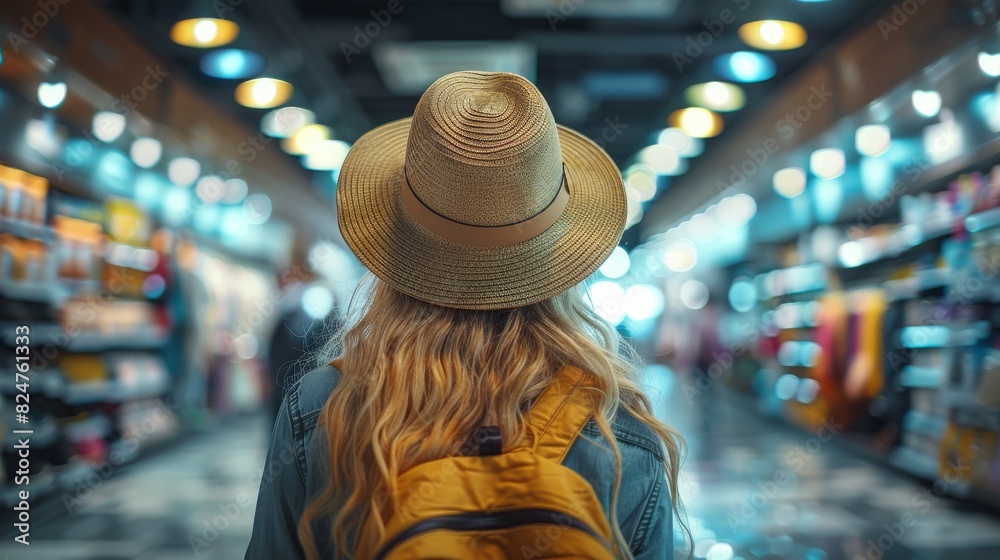 A young woman with long blonde hair and a straw hat shopping in a contemporary store aisle, reflecting consumer culture