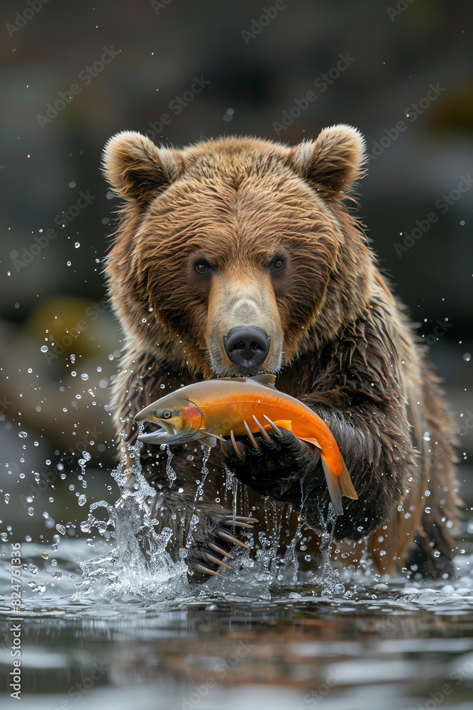 Brown bear catching a salmon in a river, action shot Brown bear catching a salmon in a river, action shot