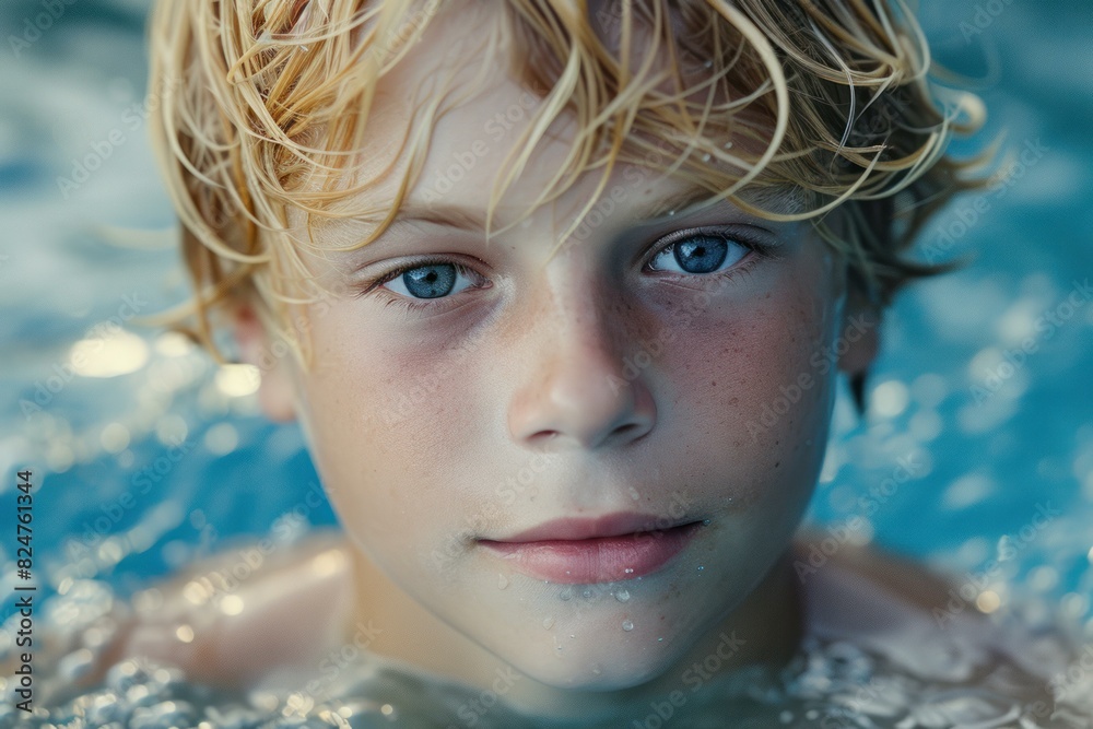 Close-up of a tranquil young boy with blue eyes in a swimming pool Close-up of a tranquil young boy with blue eyes in a swimming pool
