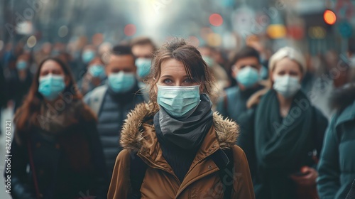 Group of people wearing masks to prevent epidemic outbreak Guidelines for prevention of infection with the KP2 virus strain caused by COVID-19.