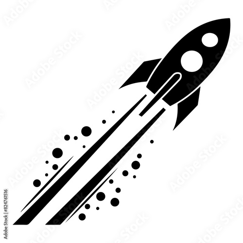 Black rocket icon with a trail of dots and lines on a white background, symbolizing space exploration and innovation.