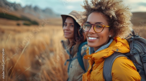 Two women friends with backpacks enjoying the serenity of hiking in a vast golden field during sunset