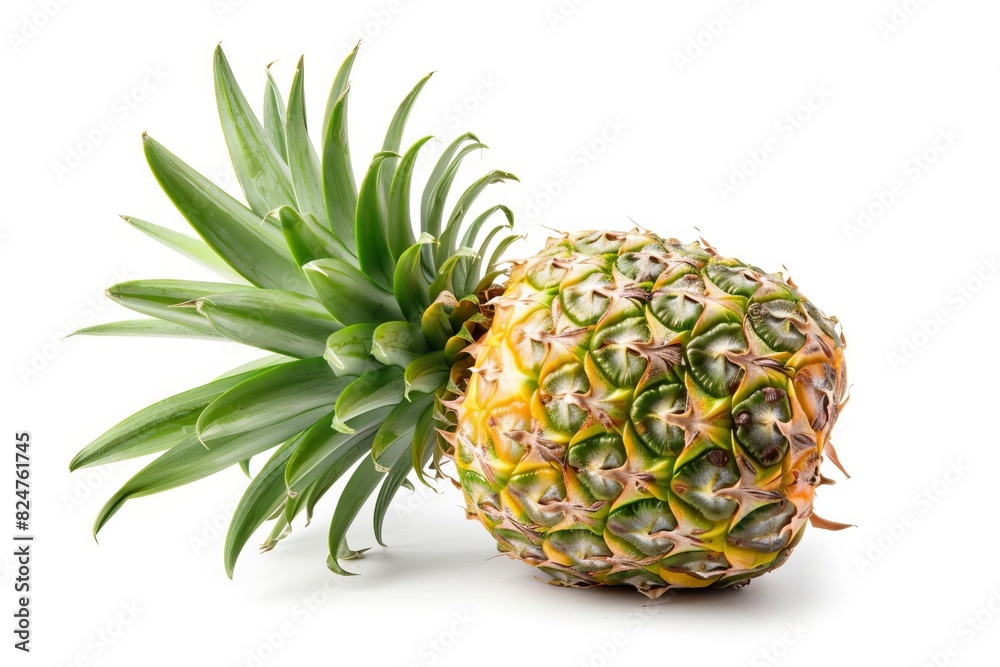 Fresh ripe pineapple isolated on white background. Tropical fruit with green leaves and textured skin. Fresh ripe pineapple isolated on white background. Tropical fruit with green leaves and textured skin.