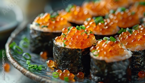 Closeup of sushi rolls garnished with fish roe and greens photo