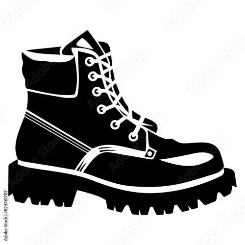 Black and white icon of a rugged industrial work boot, highlighting laces and thick sole.