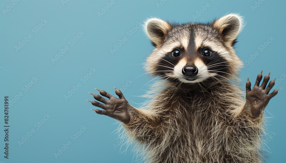 Cute raccoon waving, against a blue backdrop, with expressive eyes and a playful smile Cute raccoon waving, against a blue backdrop, with expressive eyes and a playful smile