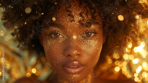 High-resolution image showing a person's face artistically covered in gold glitter