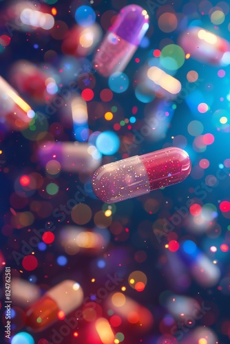 Floating pills in colorful bokeh, dynamic and futuristic