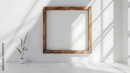 Mockup of wooden frame on white wall. Mockup of a poster. Simple, minimalist, and clean frame. void fra.me inside, display a product or text  photo