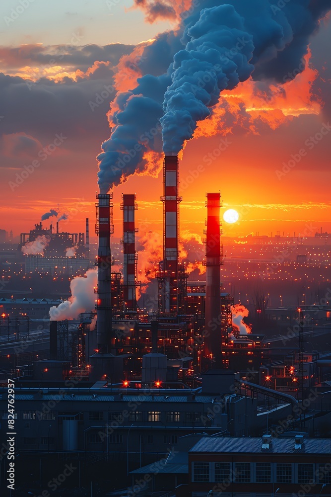 Industrial factory with smoking chimneys at sunset, dramatic sky