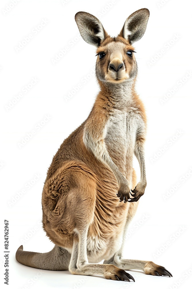 Kangaroo standing upright on a white background, displaying its natural posture Kangaroo standing upright on a white background, displaying its natural posture