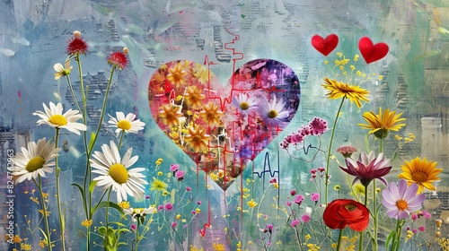 The heart-shaped flower collage has the cardiograph pattern of an asteraceae flower photo