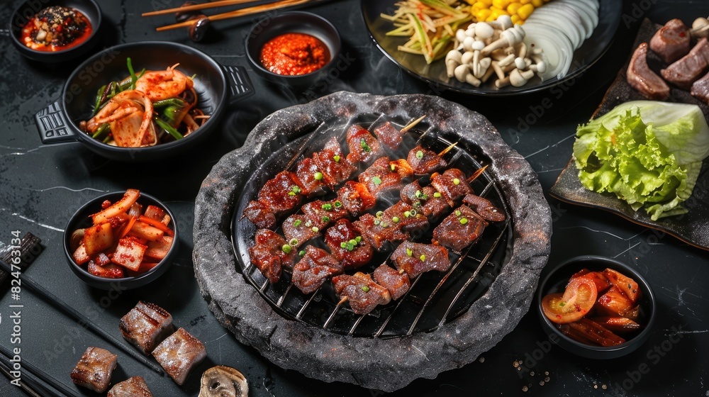 Korean Cuisine Briquettes Grilled Bulgogi with Gochujang Pork Cuts Accompaniments Aromatics and Seasoned Vegetables