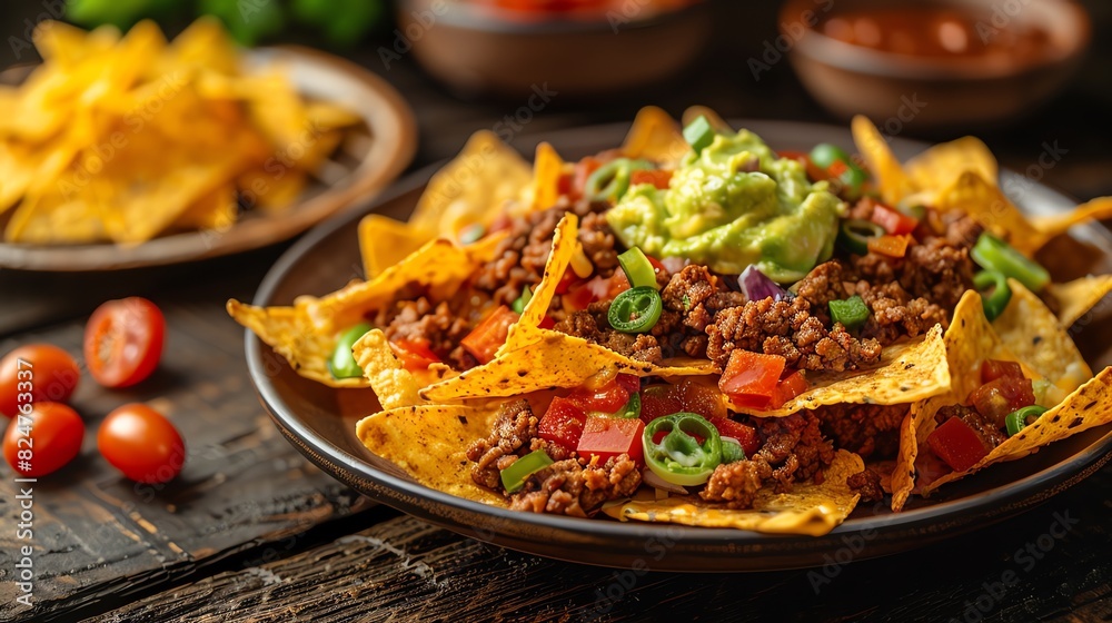 Plate of nachos with ground beef, cheese, guacamole, on a wooden table Plate of nachos with ground beef, cheese, guacamole, on a wooden table