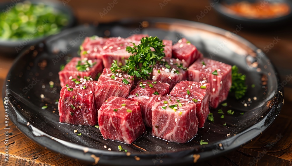 Raw marbled beef cubes arranged on a black plate with parsley garnish Raw marbled beef cubes arranged on a black plate with parsley garnish