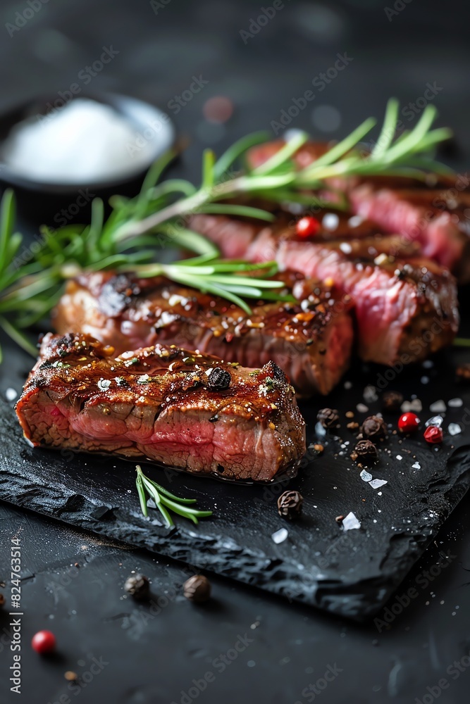Sliced grilled steak on a slate board, garnished with rosemary, salt, and peppercorns Sliced grilled steak on a slate board, garnished with rosemary, salt, and peppercorns