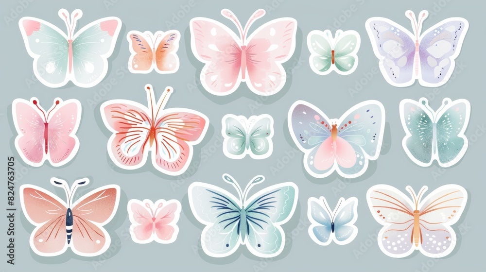 Modern set of pastel butterfly stickers