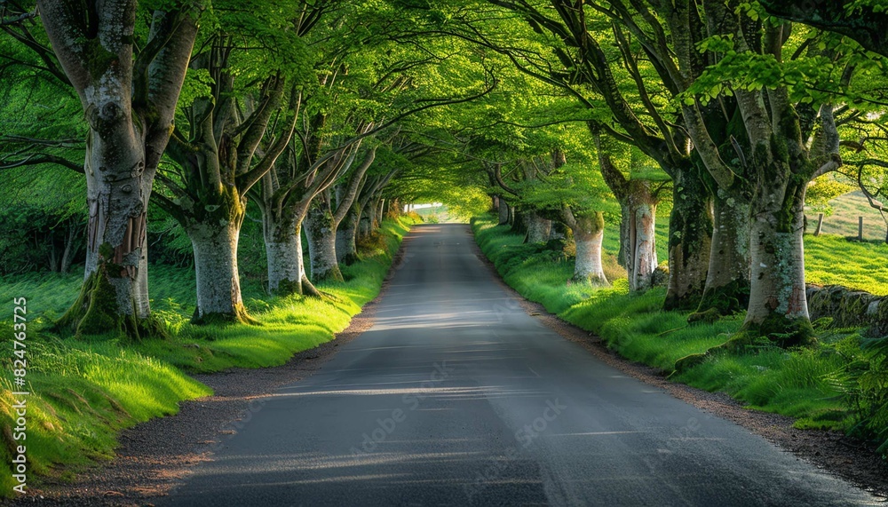 Naklejka premium Treelined road with vibrant green foliage forming a natural canopy