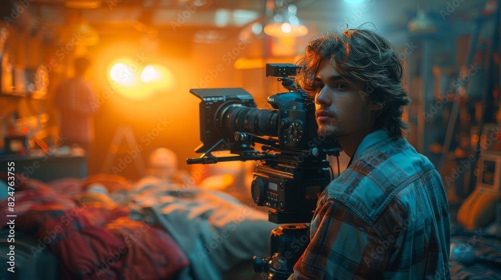 A cinematographer works with a complex camera rig against a cinematic ...