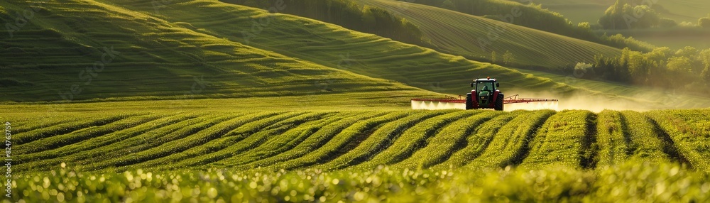 Tractor spraying crops in a vast green field, sunny day Tractor spraying crops in a vast green field, sunny day